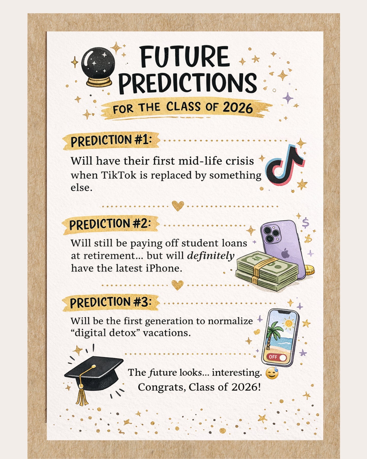 A funny and relatable graduation card predicting what life might look like for the Class of 2026.